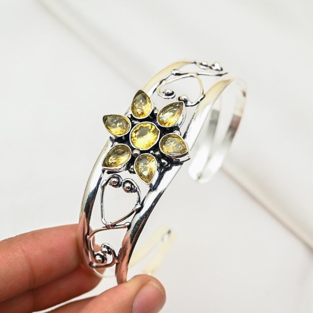 Citrine Gemstone Bangle 925 Sterling Silver Cuff Bracelet, Handmade Designer Jewelry Adjustable Bangle, Gift For Mom