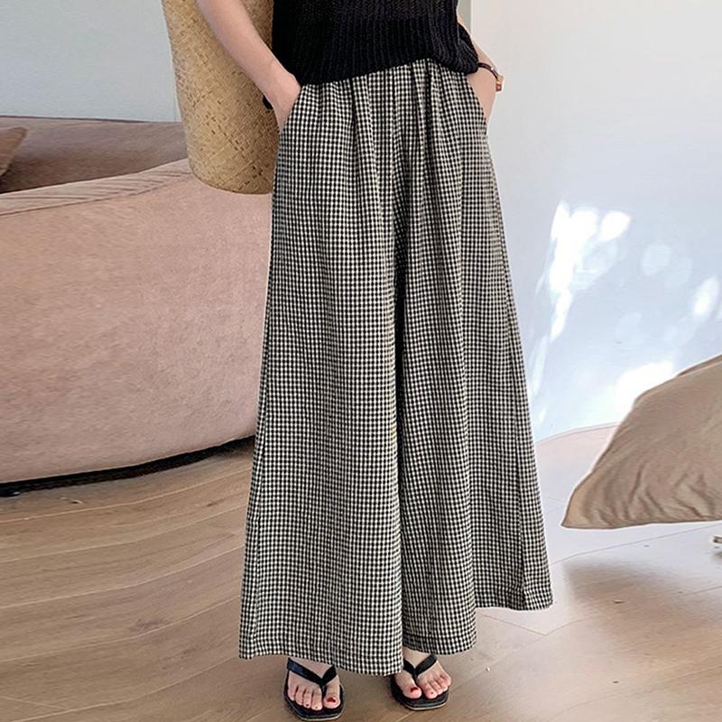 ZANZEA Summer Casual Elastic Waist Loose Wide Leg Plaid Print Pant For Women