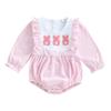 Baby Girls Easter Romper Ruffles Bunny Embroidery Stripe Pattern Long Sleeve Crew Neck Newborn Jumpsuit
