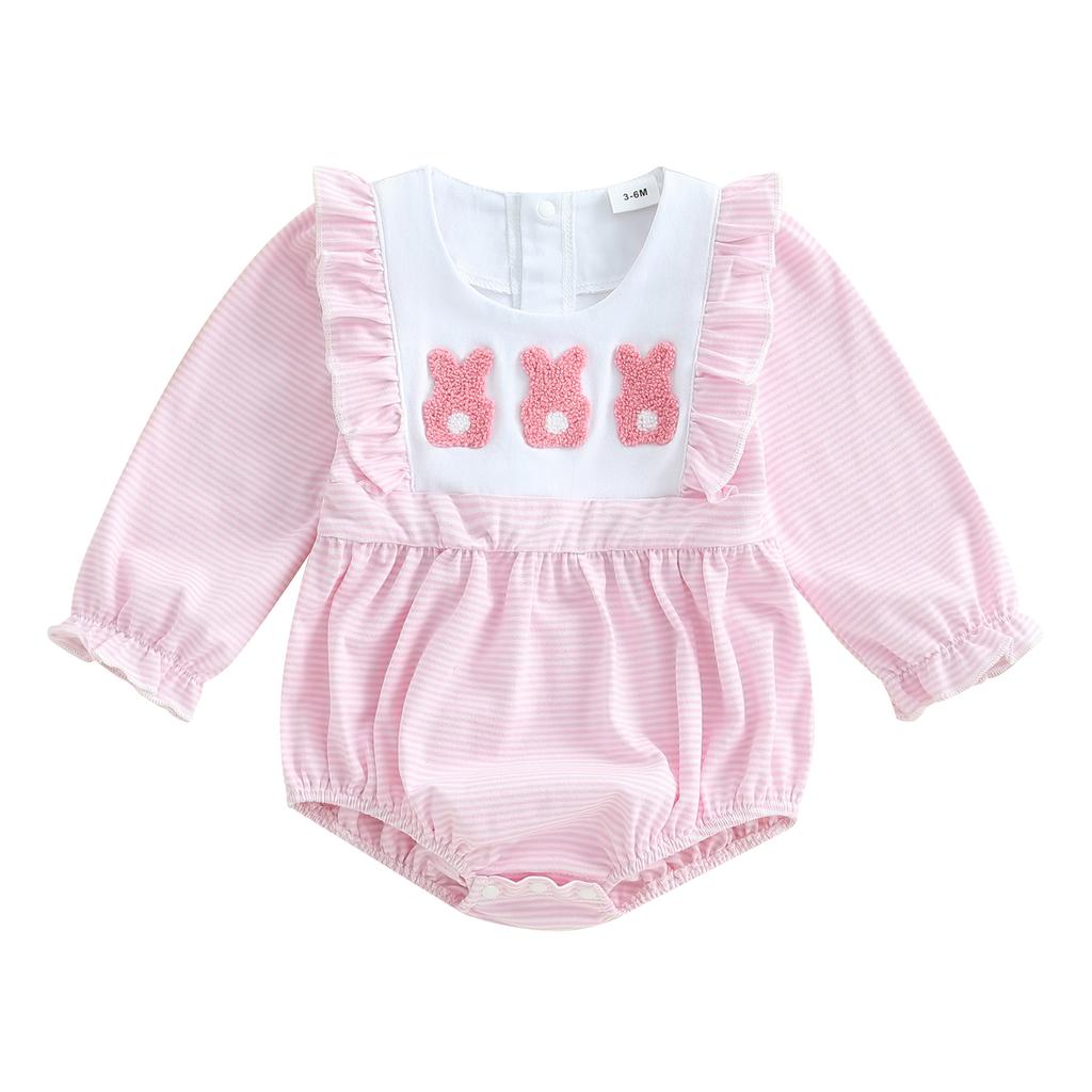 Baby Girls Easter Romper Ruffles Bunny Embroidery Stripe Pattern Long Sleeve Crew Neck Newborn Jumpsuit