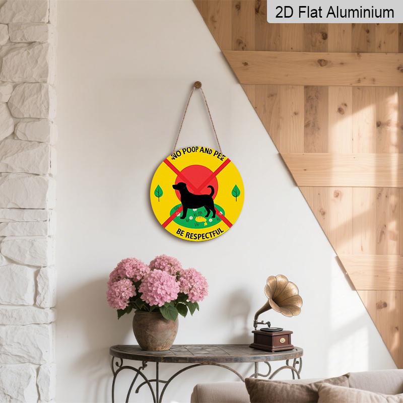 2D Flat 1pc, 8x8 in, "No Poop and Pee Be Respectful" Round Aluminum Metal Sign, Yellow with Red Border & Dog Silhouette, Ideal for Patio, Porch