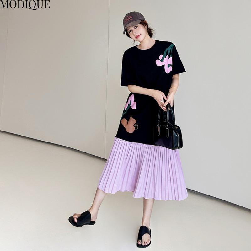 MODIQUE Summer Plus Size New Women Vintage Loose T-Shirt Floral Printing Pleated Patchwork Long Dresses Female Casual Short Sleeve O-Neck Dresses