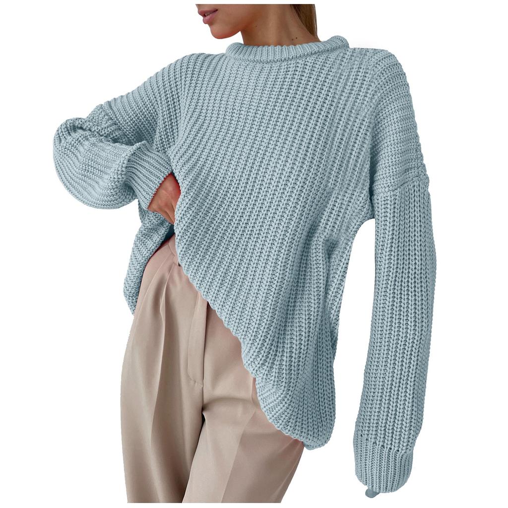 Fashion Women's Solid Color Long Sleeve Loose Round Neck Knitted Sweater Top