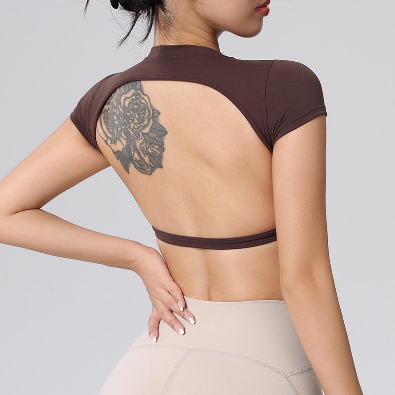 Wangtu Women's Short Sleeve Yoga Crop Top with Chest Pad for Exercise and Fitness