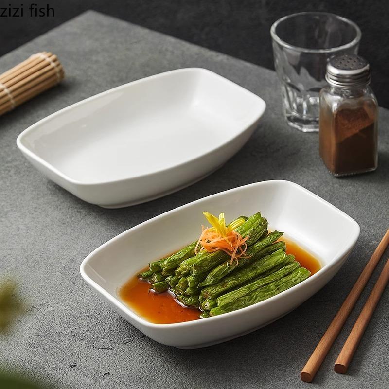 Pure White Deep Long Square Plate Ceramic Salad Plate Thick Soup Plate Dessert Plates Sashimi Plates Hotel Specialty Tableware