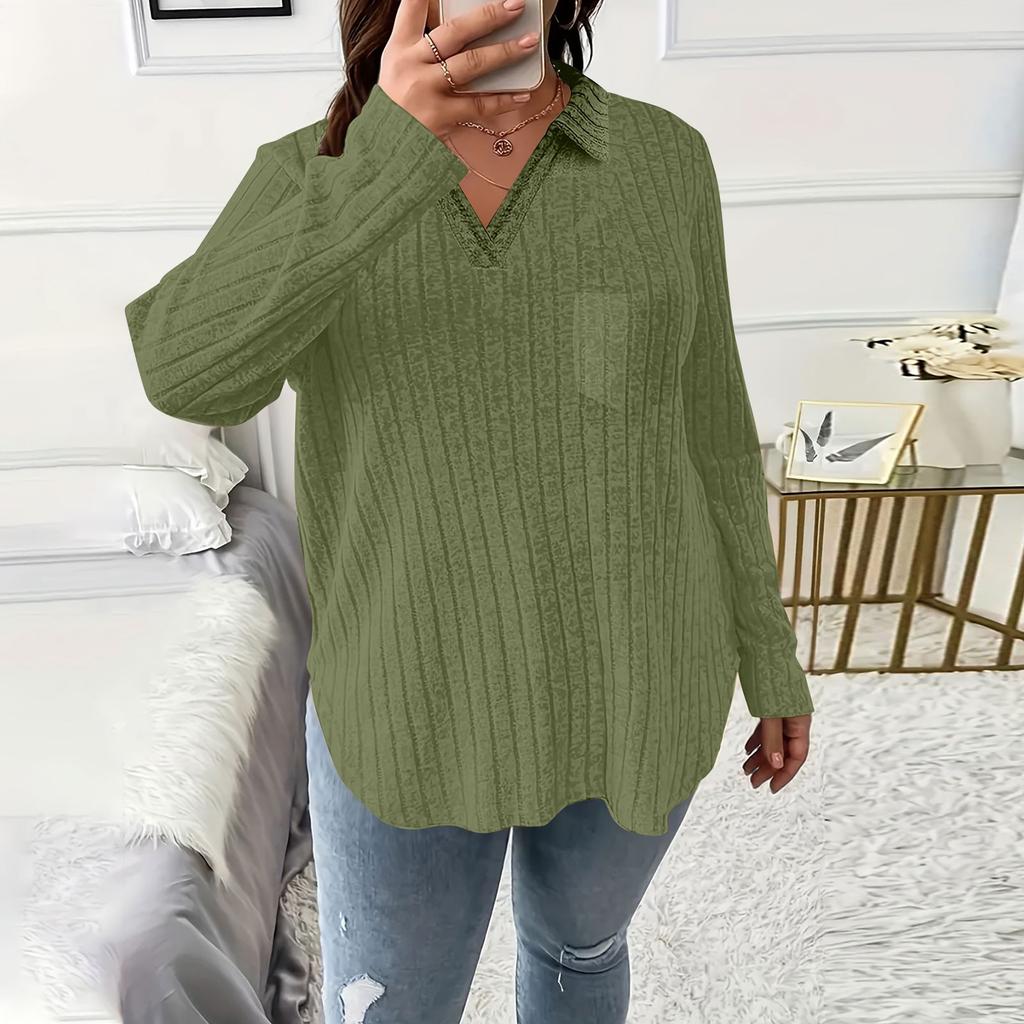 Women's Fashion Casual V-Neck Long Sleeve T-Shirt Solid Color Pullover Top