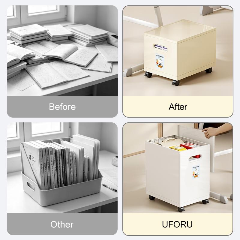 UFORU Stackable Under Desk Storage Box Large Capacity Universal Casters Dual Handles Book Organizer for Student Office Classroom