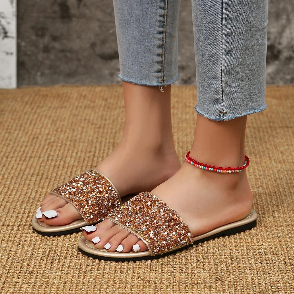 35-43 Большие тапочки 2024 Женские Новые Круглые Головки Роскошные Водные Алмазные Женские Туфли Нескользящие ПУ Пляжные Платье Тапочки