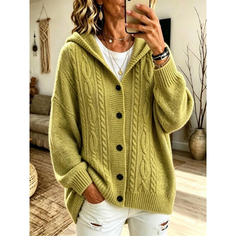 Womens Oversized Knit Cardigan Sweater With Button Front Hooded Loose Fit Winter