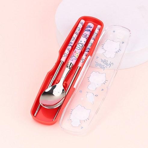 Lightweight Stainless Steel Baby Spoon and Chopstick Set, Kitty Red