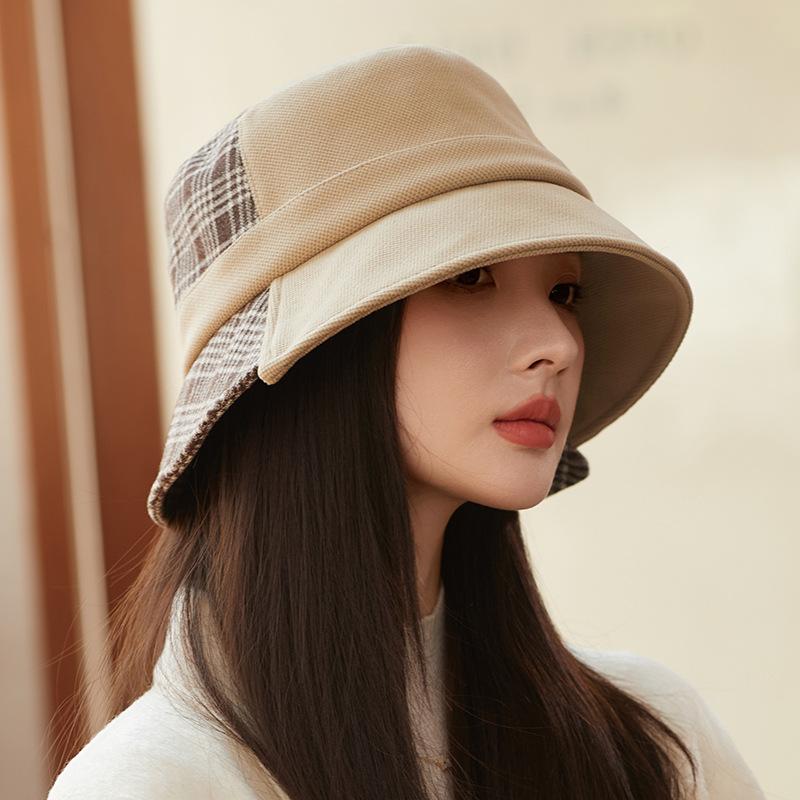 High sense fashion splicing plaid bucket hat women's autumn and winter new light luxury face cover hat British temperament thermal hat