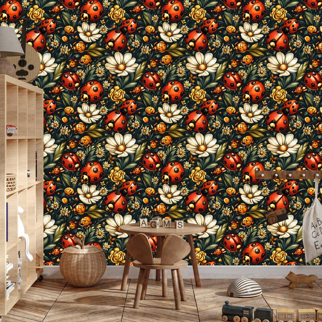 Ladybug Wallpaper Gold and Bottle Green for Living Room and Bedroom 50x1000