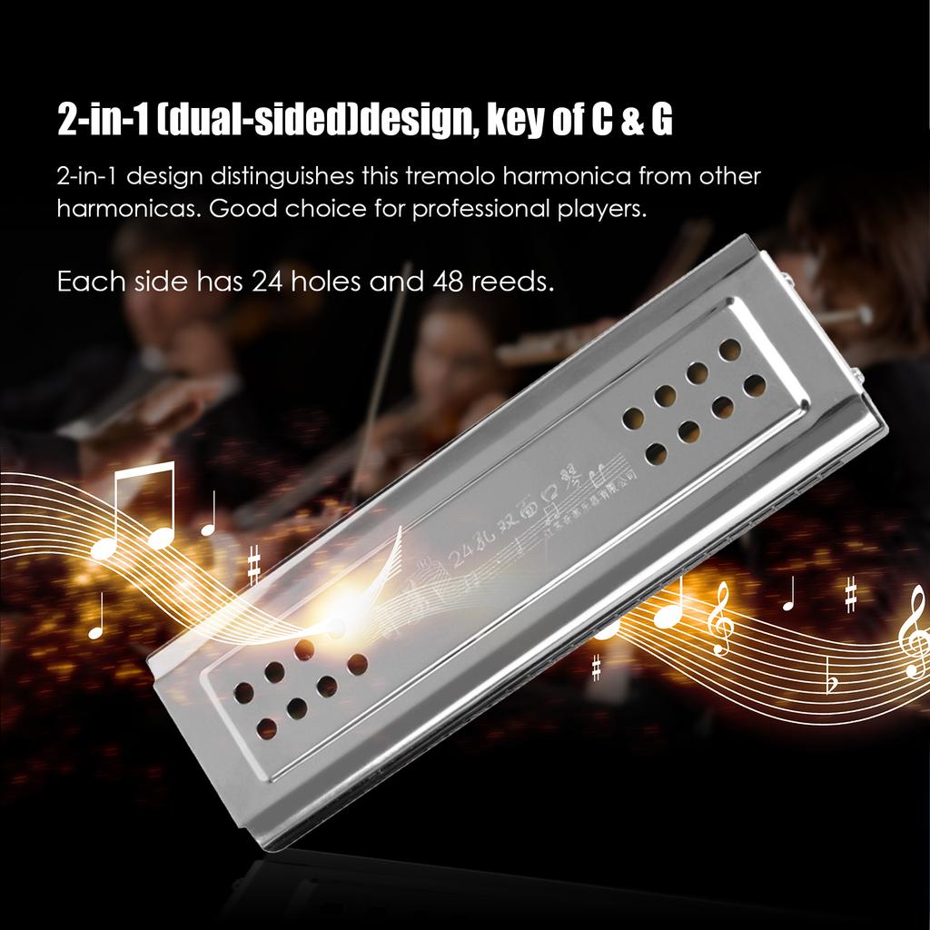 2-in-1 Tremolo Harmonica Mouth Organ Dural Key of C&G 24 Double Holes with 48 Reeds Free Reed Wind