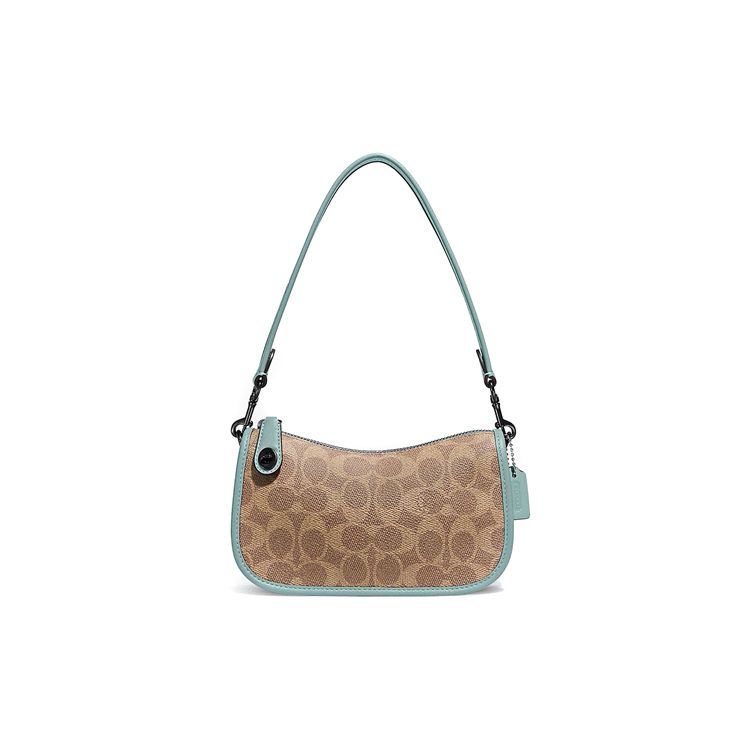 Coach Signature Monogram Canvas Light Blue Leather Hobo Shoulder Bag For Women Daily Use