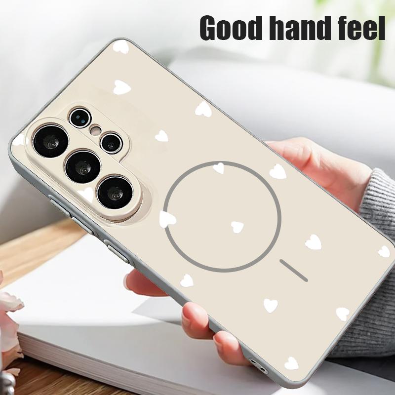 Магнитный Чехол Для Magsafe Для Samsung Galaxy S26 Ultra S25 Edge S24 Plus S23 FE S22 A54 A55 A56 5G Белый Узор Сердечки Матовый Чехол