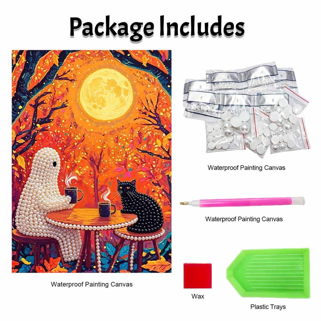 Halloween pearl painting art full pearl handmade diy home decorations moon forest ghost and black cat coffee scene wall art decor