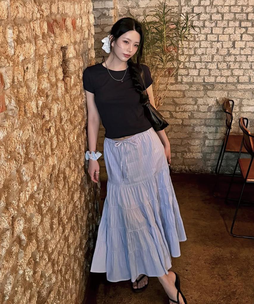 Ridge Shirred Long Tiered Skirt (Sky Blue)