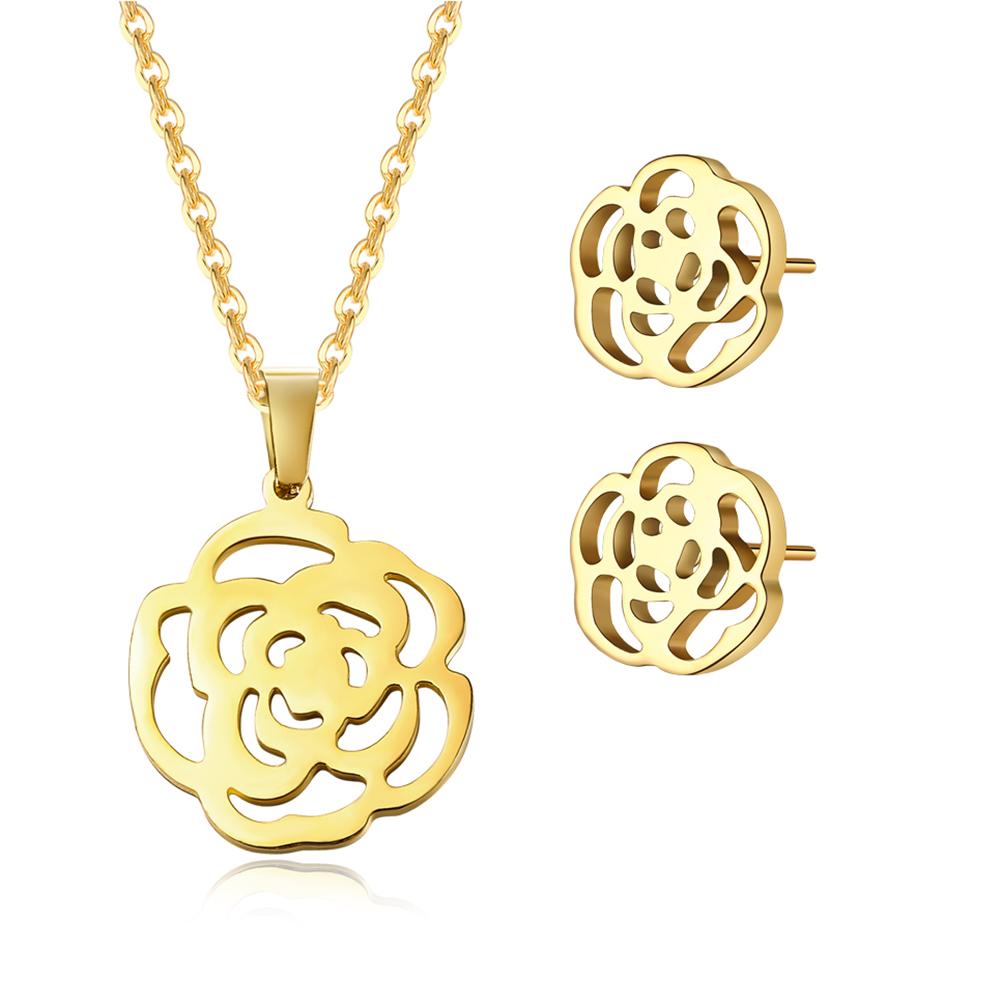 Lady Elegant Flower Ornament Set Golden Colour Necklace & Ear Stud Festival Birthday Gift Photo Props