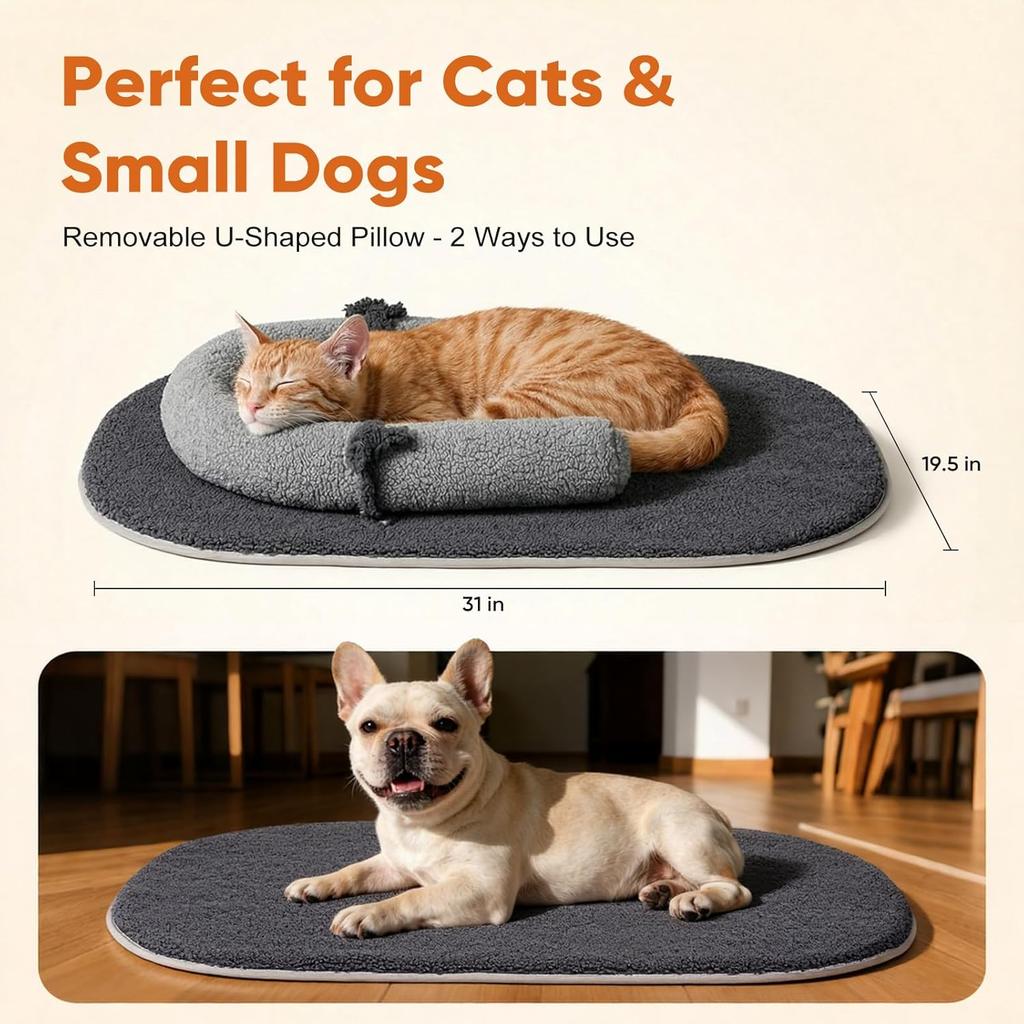 Self Warming Cat Bed Mat with Soft U-Shaped Pillow– Thickened Calming Cat Bed for Kittens and Small Dogs – Portable Washable Cats Warming Pad for