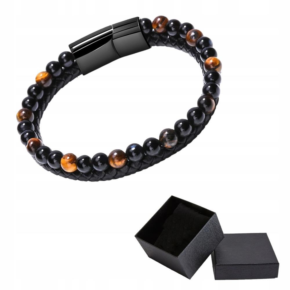 Black Leather Men's Braided Bracelet with Tiger's Eye Natural Stone