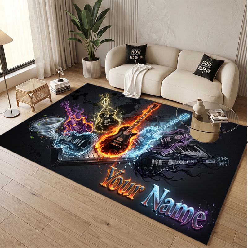 Music Guitar Theme Soft Crystal Velvet Rug Custom Name & Text Print Non Slip Floor Rug for Bedroom Living Room