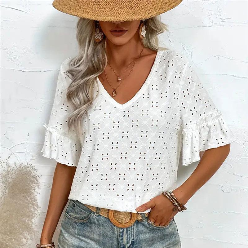 Plus Size Women's Summer T-shirt Knitted Embroidery Hollow Ruffle V-neck Short-sleeved Blouse Women's T-shirt