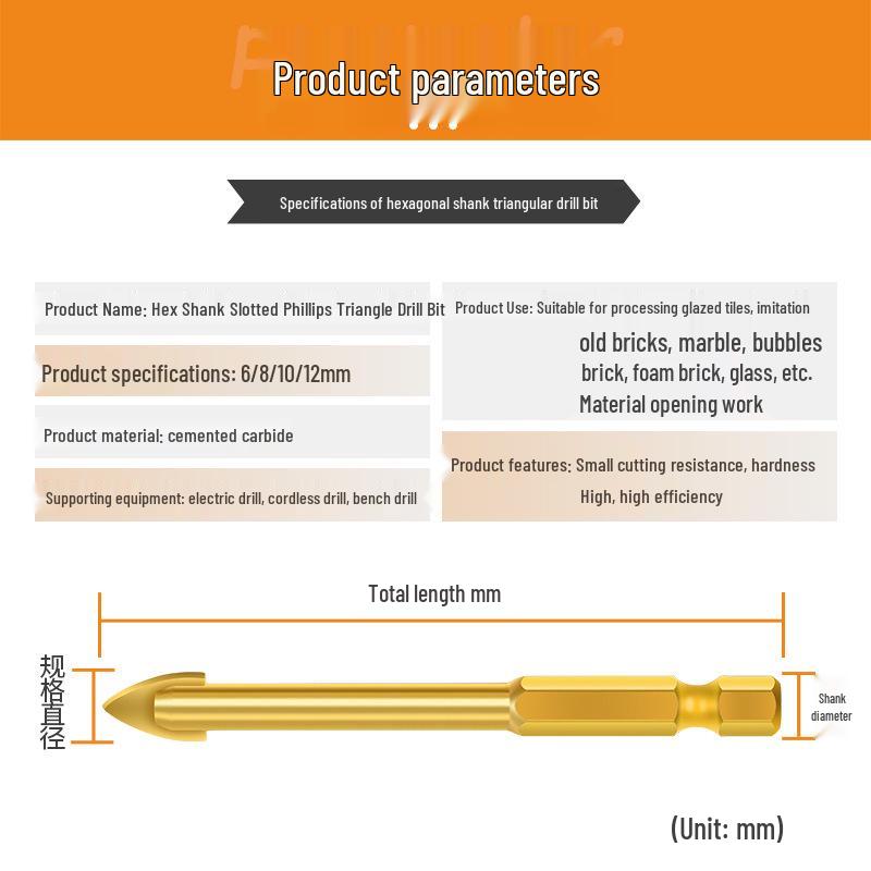 Шестигранный хвостовик Треугольное сверло по плитке - Карбидное резьбовое крестовое спиральное для сверления отверстий