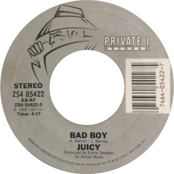 7-дюймовая пластинка JUICY - Bad Boy / Bad Boy (Даб Микс) ZS405422 Private I Recor 1985 США Соул/Фанк Б/У