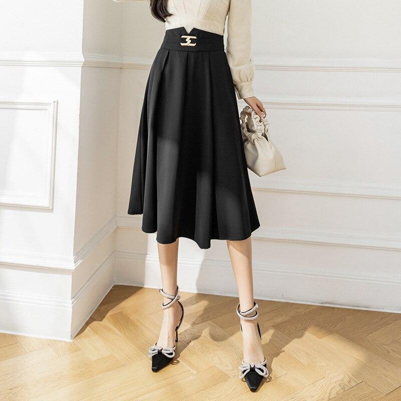Spring Summer Women High Waist Elegant A-line Midi Skirt Workwear Black Polyester Ladies Long Skirts