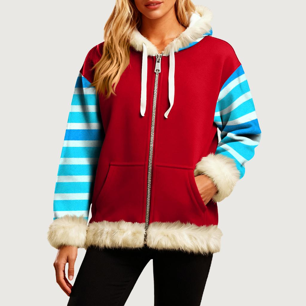 Женская Удобная Свободная Модная Повседневная Толстовка-Куртка с Длинным Рукавом, Карманами и Капюшоном с Полосатым Принтом