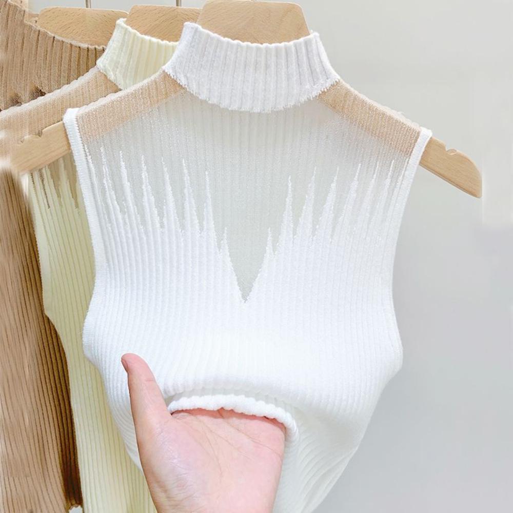 Summer Women Knitted Sleeveless T-shirt Mesh Hanging Neck Semi-high Neck Small Vest Female Undershirt Street Clothes