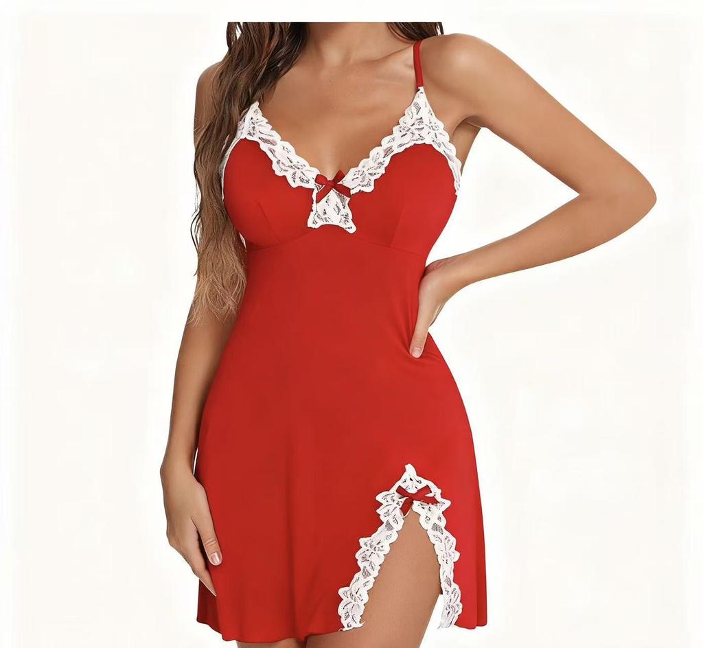 Элегантная ночная сорочка большого размера с глубоким V-образным вырезом, кружевом, бантом и разрезом