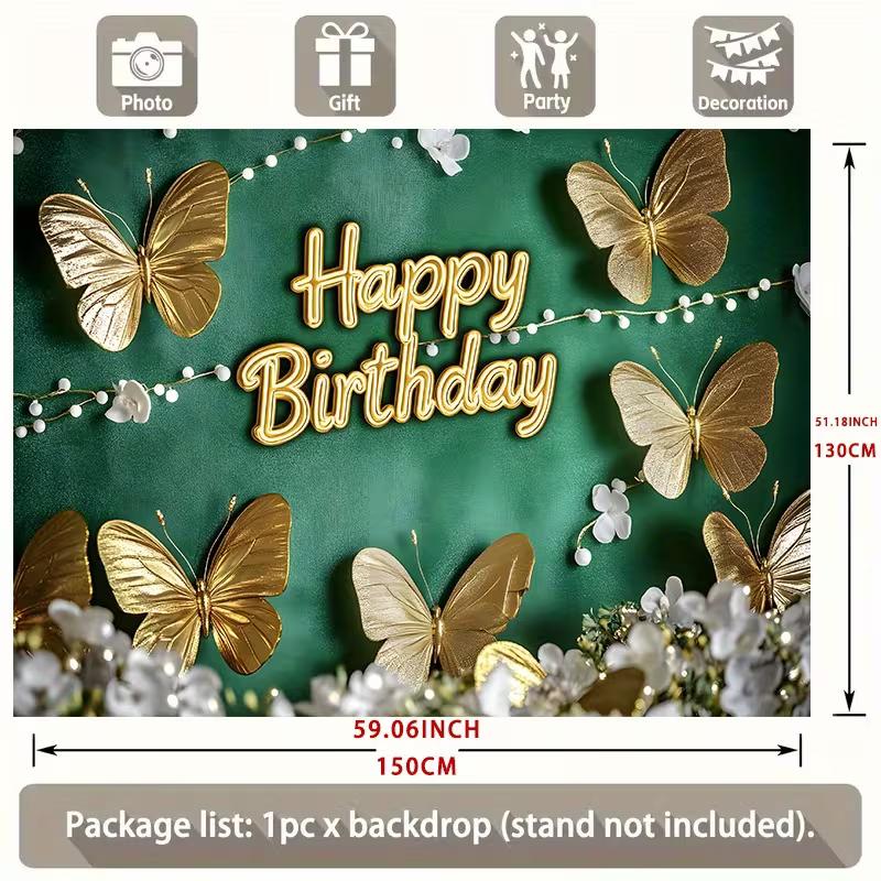 2D Green Velvet Gold Butterfly Happy Birthday Backdrop for Women Party Photo Booth Background