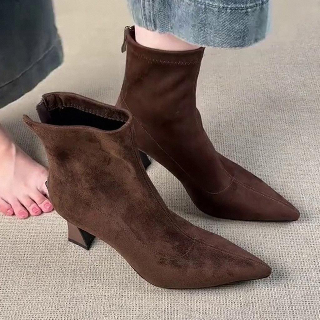 Sheepskin~ French Pointed Short Boots Femininity Maillard Boots High Heels Not Tired Feet Small Ankle Boots Western Thin Boots