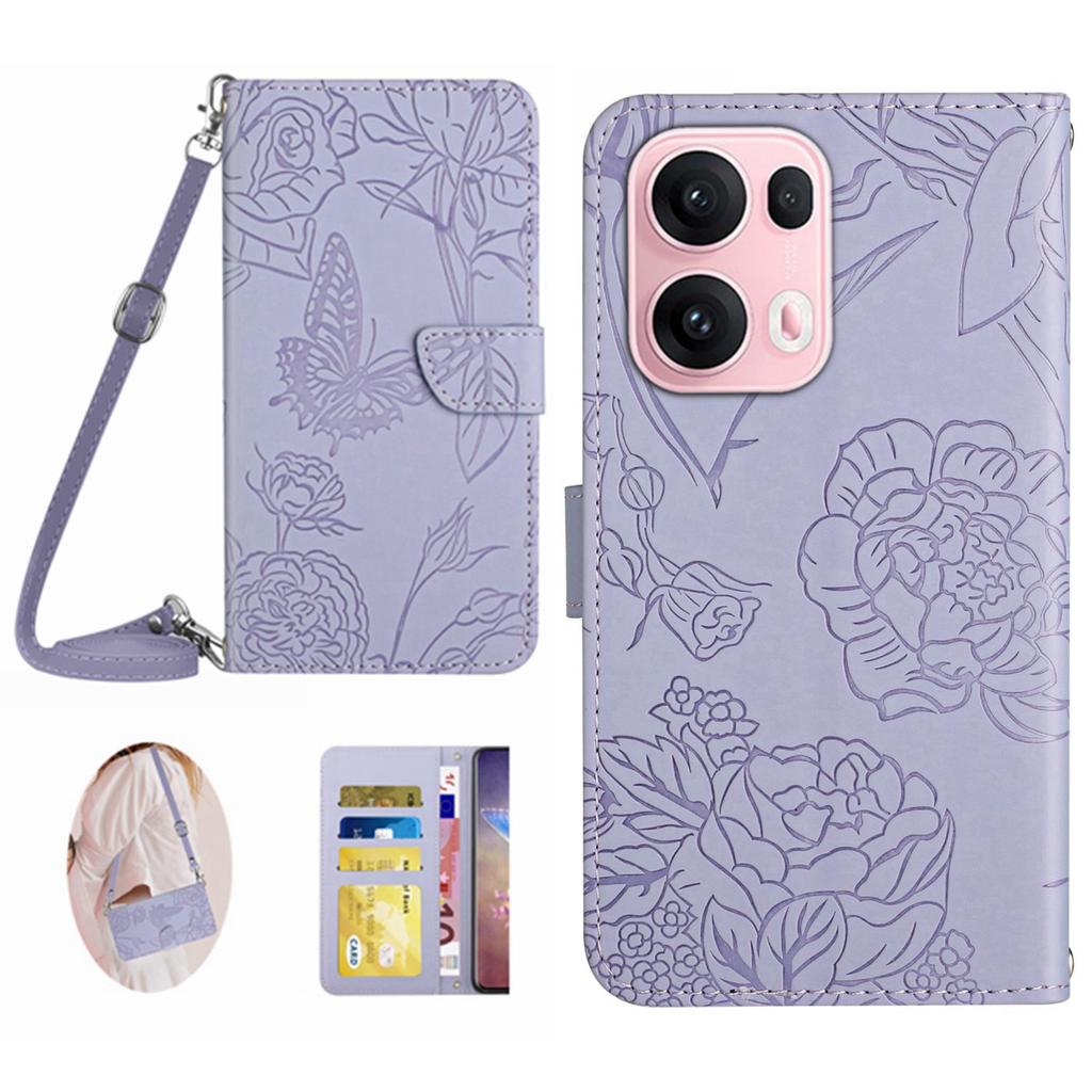 For Oppo Reno13 Pro 5G Case Butterfly Flower Imprint Leather Phone Cover with Shoulder Strap