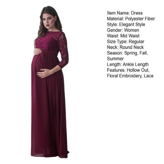 Платье для беременных женщин с кружевом, ажурной цветочной вышивкой, круглым вырезом, длинными рукавами, плиссированным макси-платьем для свадебной вечеринки, выпускного вечера, фотореквизита