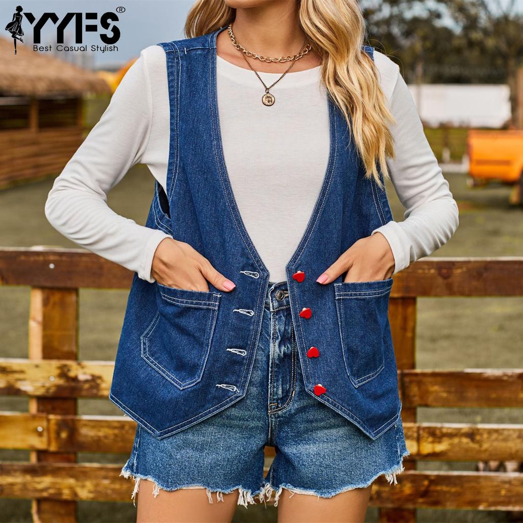 YYFS Женская модная джинсовая осенне-зимняя повседневная куртка без рукавов