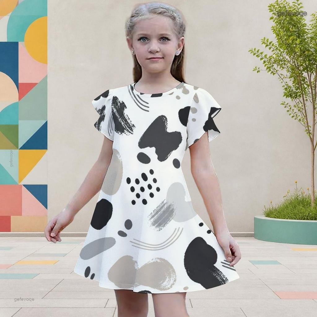 Girls Round Neck Flutter Sleeve Printed A Line Flared Dress