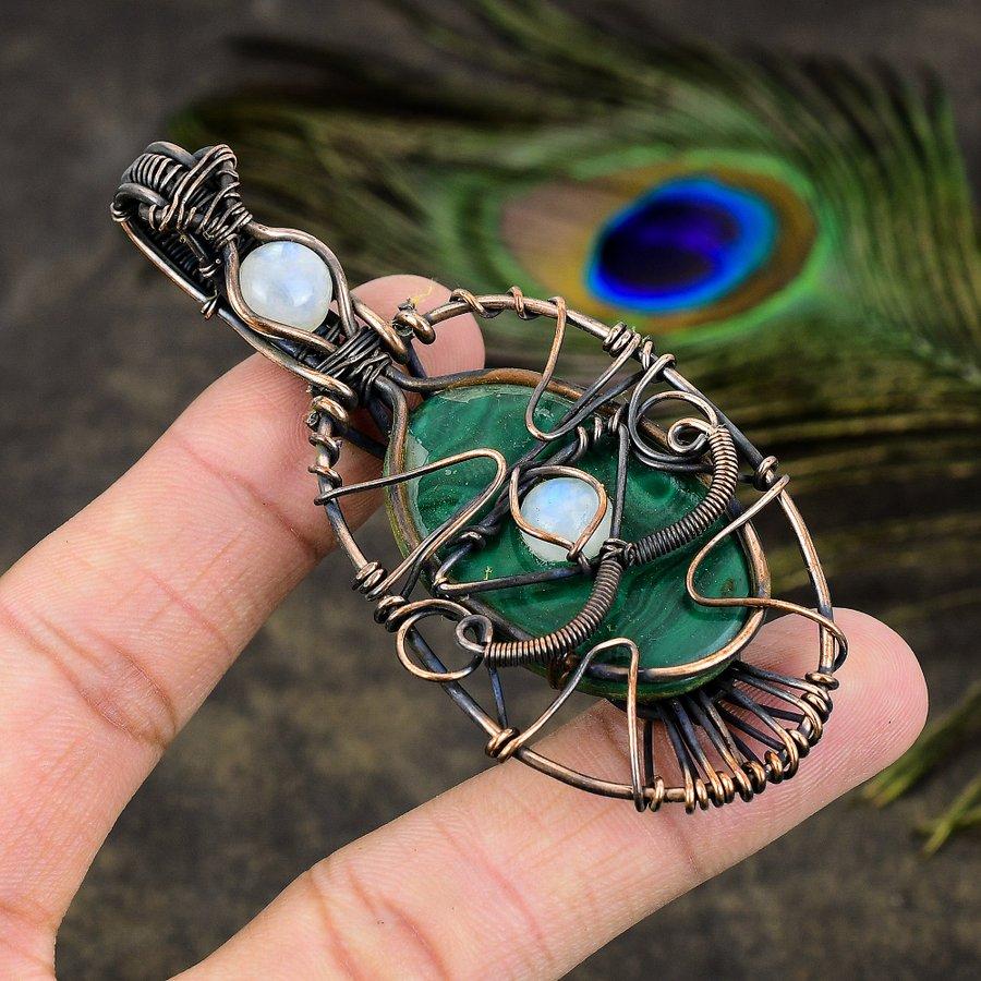Malachite, Moonstone Gemstone Copper Wire Wrap Jewelry Pendant 3.15"