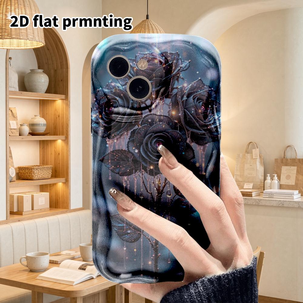 Phone Case: 2D flat design suitable for iPhone 18, 17, 16, 15, 14, 13 Pro film protective case, couple style, four black crystal roses, Christmas and
