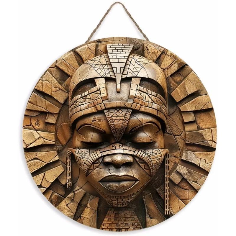 Wood Unique African Mask Circular Wooden Sign with Artistic Design, Suitable for Door, Wall, Home, Room, Farmhouse, Street, Shop, Garage, Bar, Garden