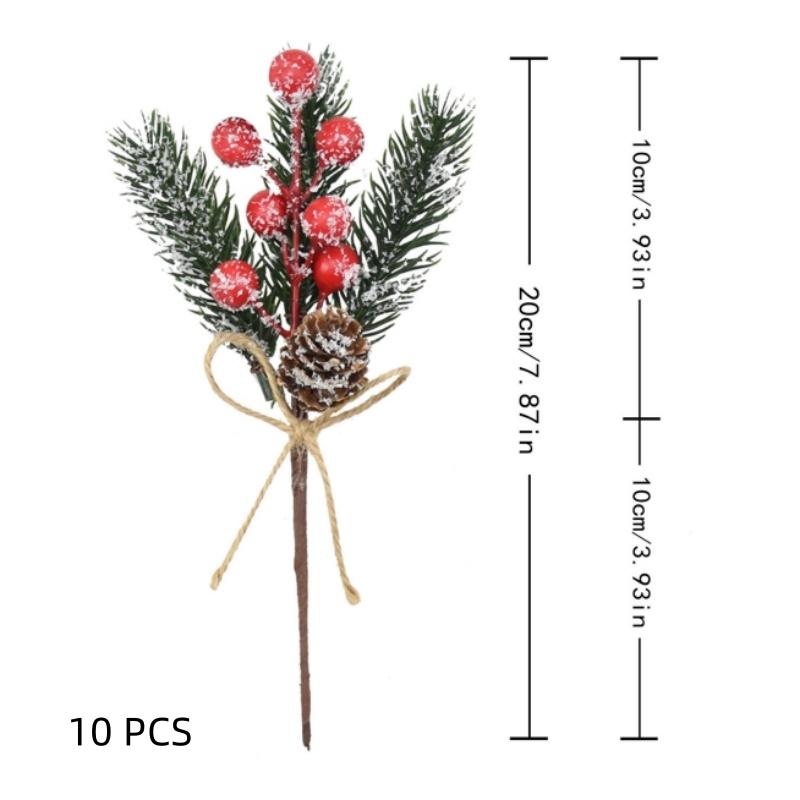 10 шт. Искусственные рождественские пики, Стебли с красными рождественскими ягодами, Сосновые ветки с шишками, Веточка остролиста, Зимний праздничный цветочный пик, DIY украшение