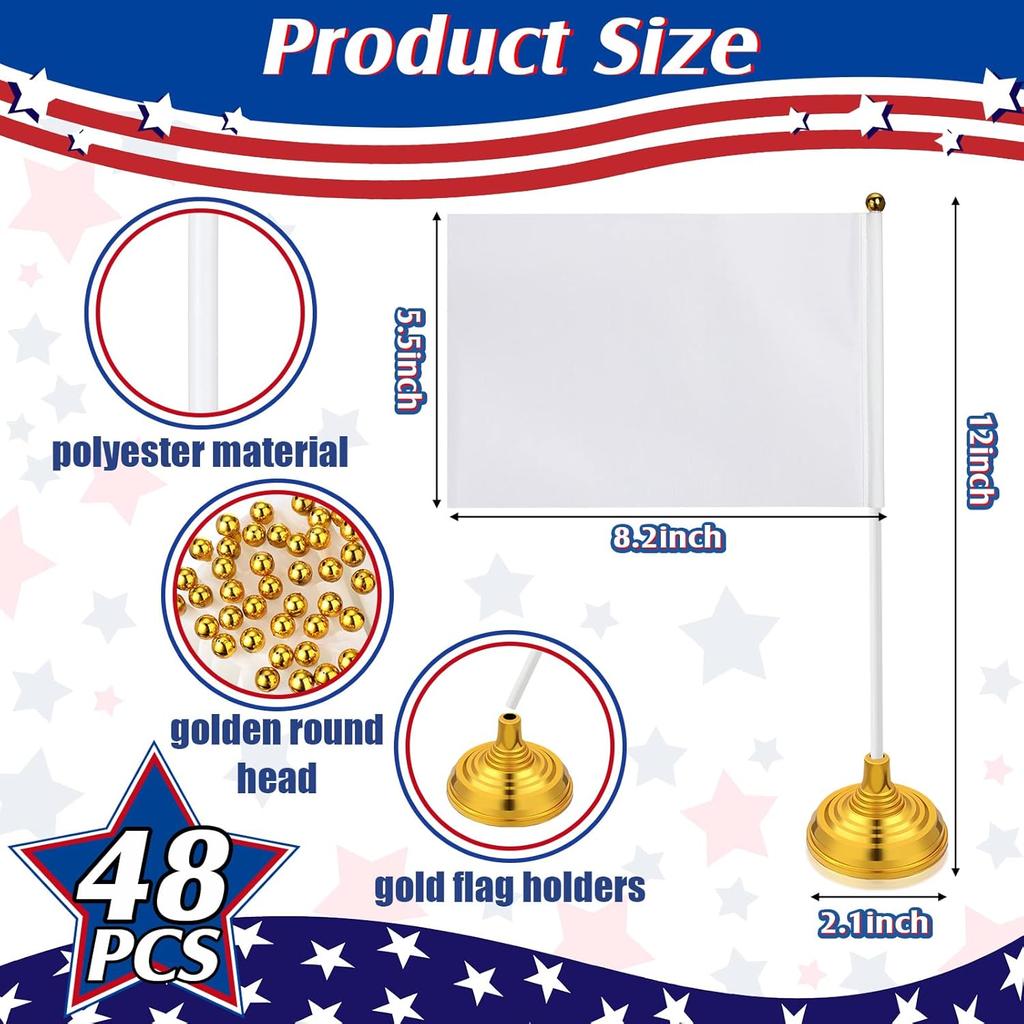 Tatuo 48 Pcs Mini White Desktop Flags on Stick with Stands 5.51 x 8.27 Office White Solid for DIY Craft Small Blank Desktop Flag with Pole for 4th of