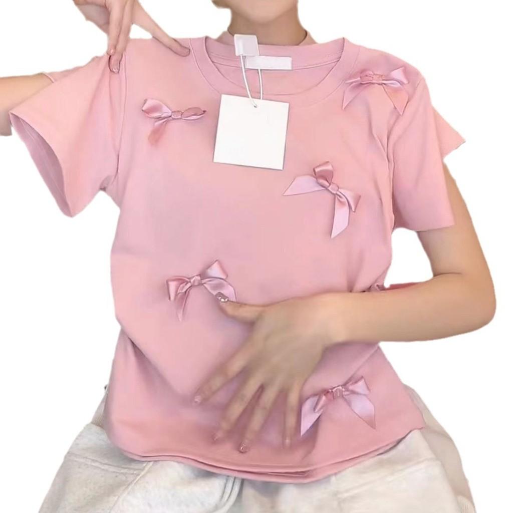 Tshirt With Butterfly Bow Pattern Polyester Short Sleeve Summer Casual Top For Women
