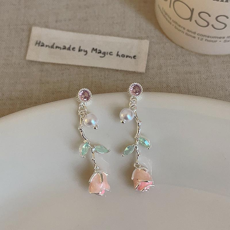 Элегантные серьги-пусеты с кисточками из розового циркона в виде розы для женщин - Высококлассный универсальный дизайн