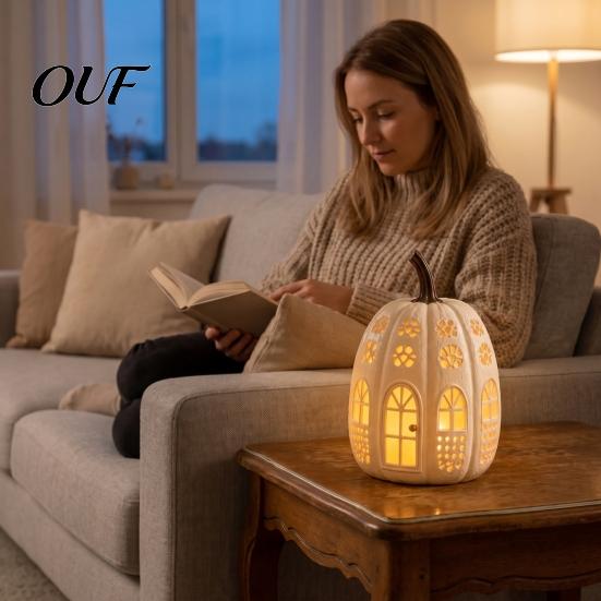 Seasonal Holiday Gift for Her Lighted Pumpkin Cottage Ornament, Flickering Tabletop Lamp, Light-Up Autumn Decor Farmhouse Fall Centerpiece Indoor