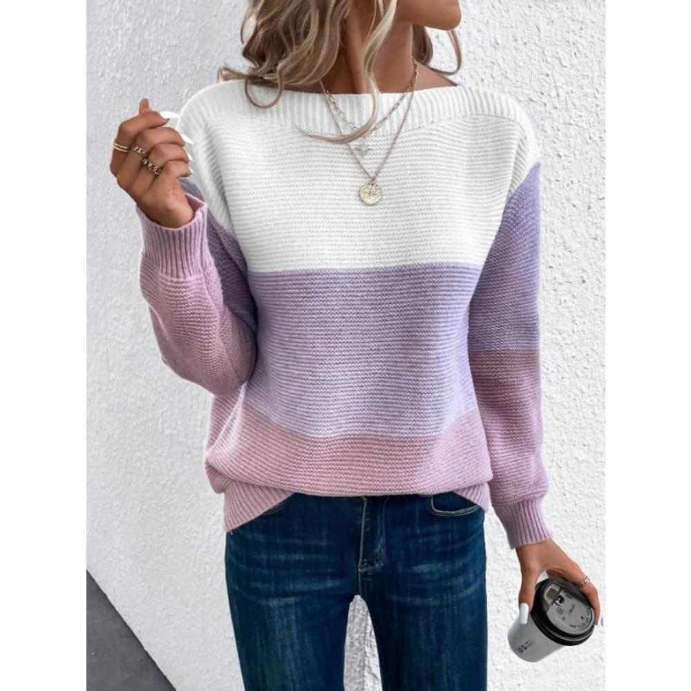 Elegant Three-color Patchwork Sweater Women Daily Commuter Casual Loose Jumpers Female Autumn Winter Knitted Thickened Warm Tops