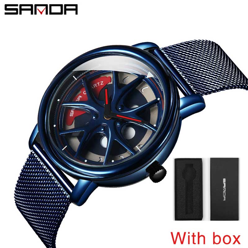 SANDA Top Men Quartz Watches Sports Car Watch Waterproof Sport 360℃ Rotating Rim Hub Wheel Wristwatch Car Quartz Men's Watches