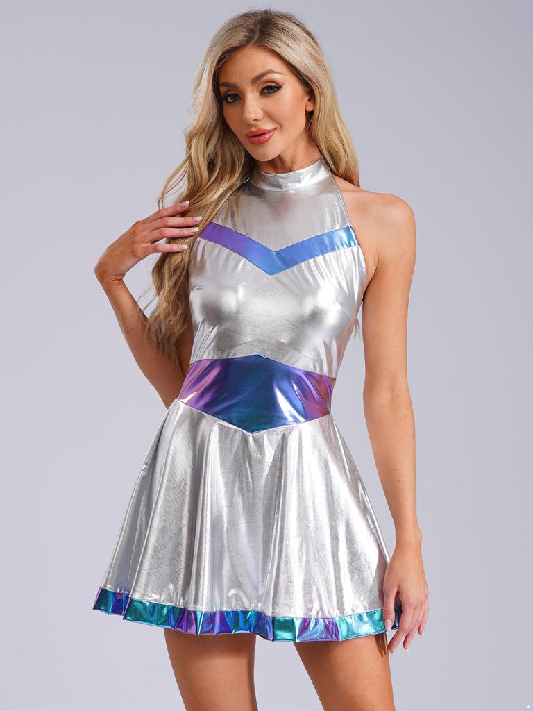 Women Carnival Rave Party Suit Space Astronaut Alien Robot Cosplay Costume A-line Mini Dress for Halloween Theme Party