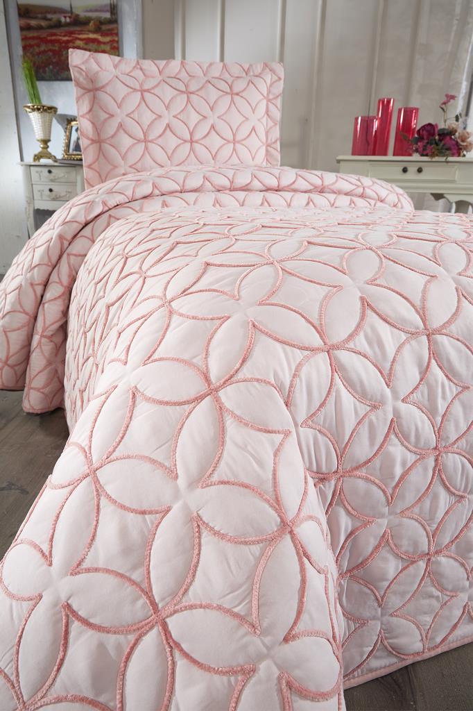 Parolin Quilted Bedspread Set 3pcs, Coverlet 180x240, Pillowcase 50x70, Single Size, Laced, Pink